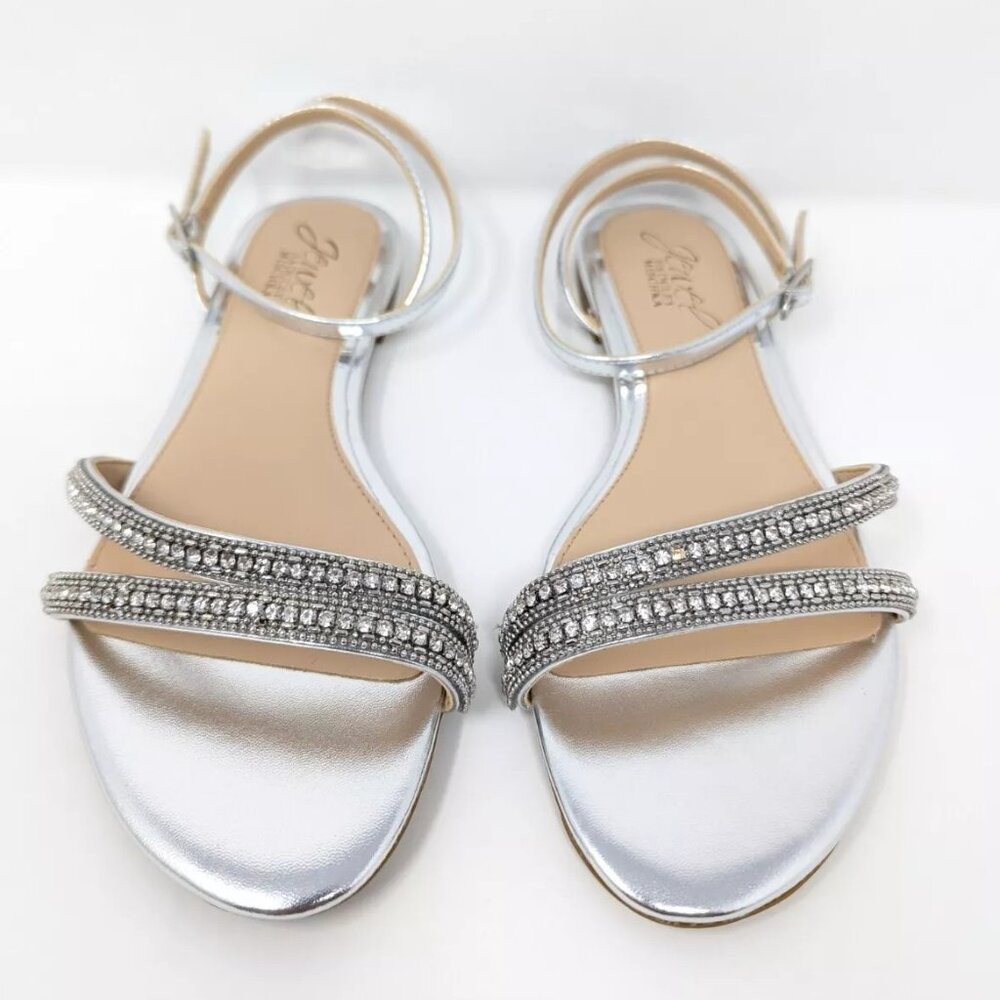 Jewel Badgley Mischka Roslyn Flat Sandal Ankle Strap Silver Rhinestones - W 5.5